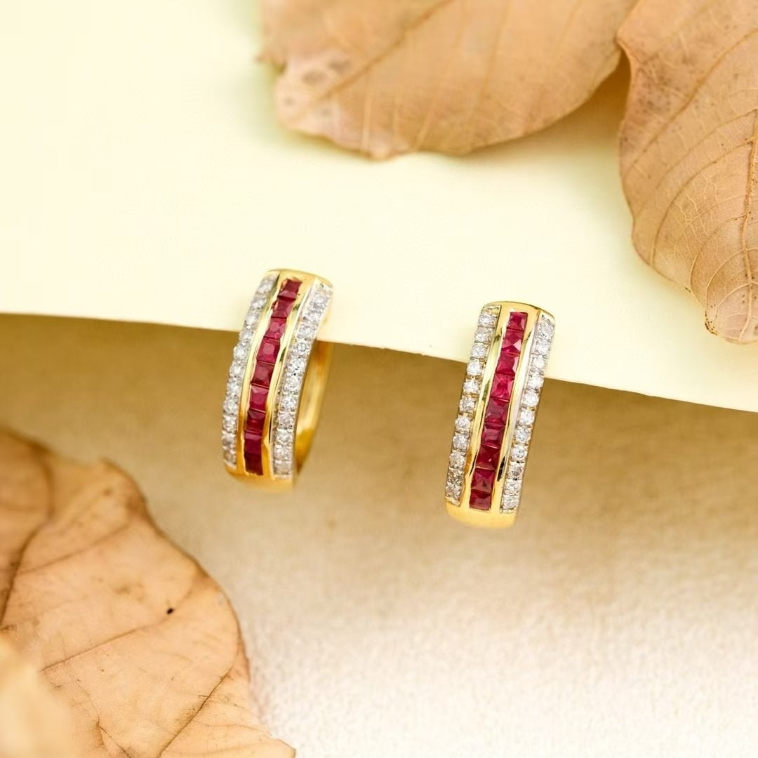 14k Gold 0.82 Ctw Natural Ruby & Diamond Earrings: Ref:230945161 // gold content:14k gold // main gemstone:ruby // shape:princess // carat weight:0. 56ct // color:red // treatment:natural // // adjacent gemstone 2 : diamond // shape:round // carat wei