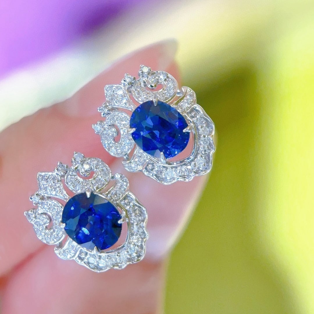 14k Gold 1.2 Ct Natural Sapphire & Diamond Earrings - 6