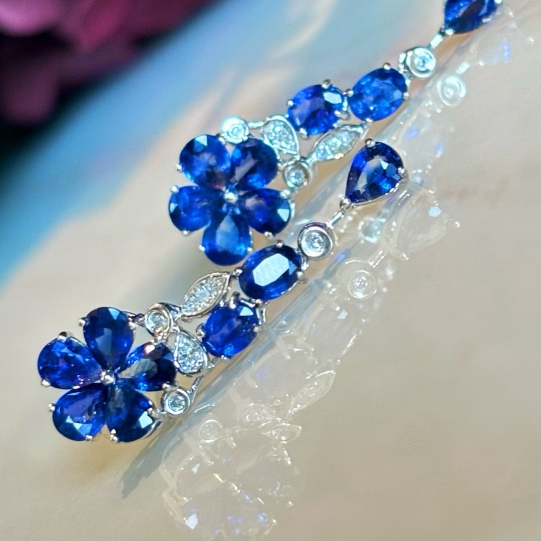 14k Gold 3 Ct Natural Sapphire & Diamond Earrings - 2