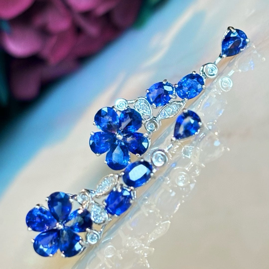 14k Gold 3 Ct Natural Sapphire & Diamond Earrings - 3