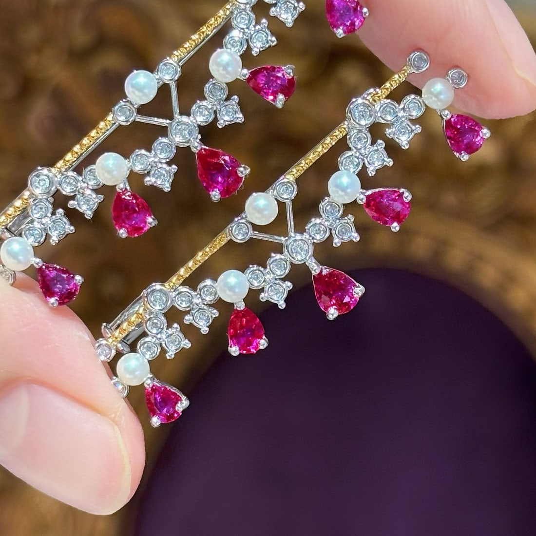 14k Gold 1.5 Ct Natural Ruby & Diamond Brooch - 4