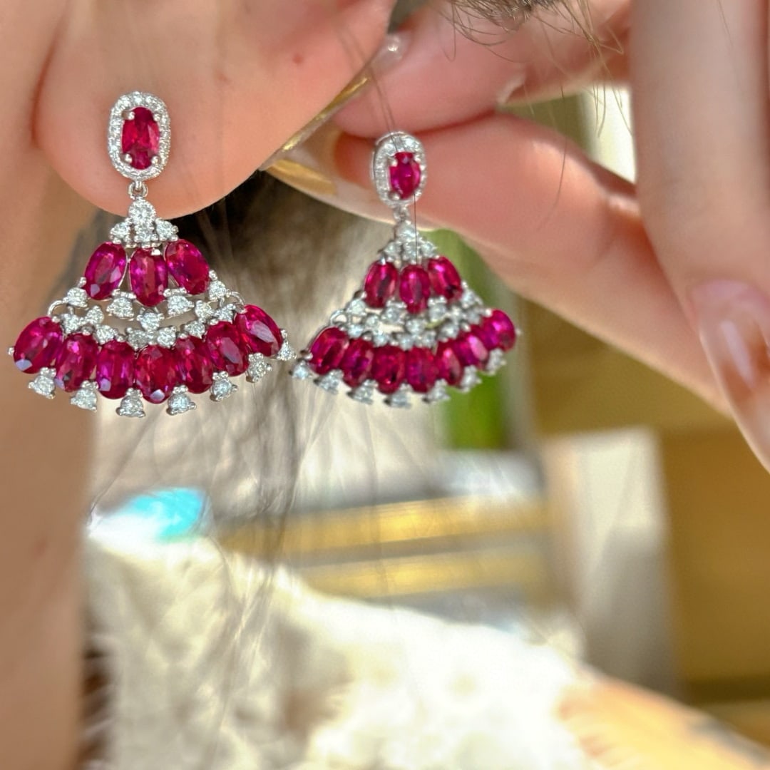 14k Gold 7.25 Ct Natural Ruby & Diamond Earrings - 7