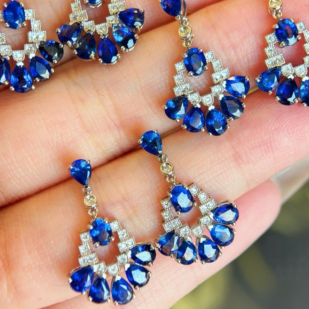 14k Gold 3 Ct Natural Sapphire & Diamond Earrings - 3