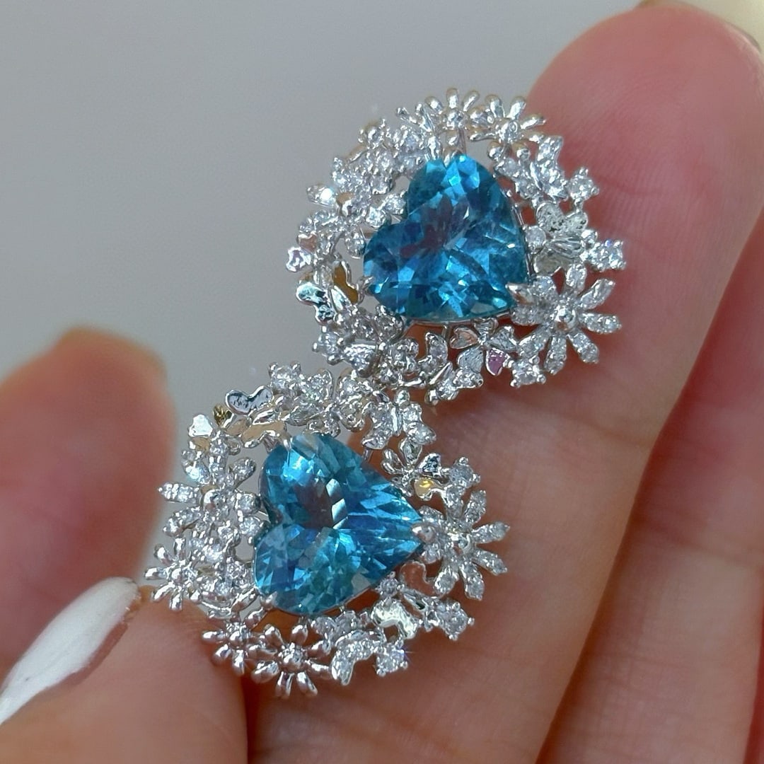 14k Gold 3.31 Ct Natural Aquamarine & Diamond Earrings - 5