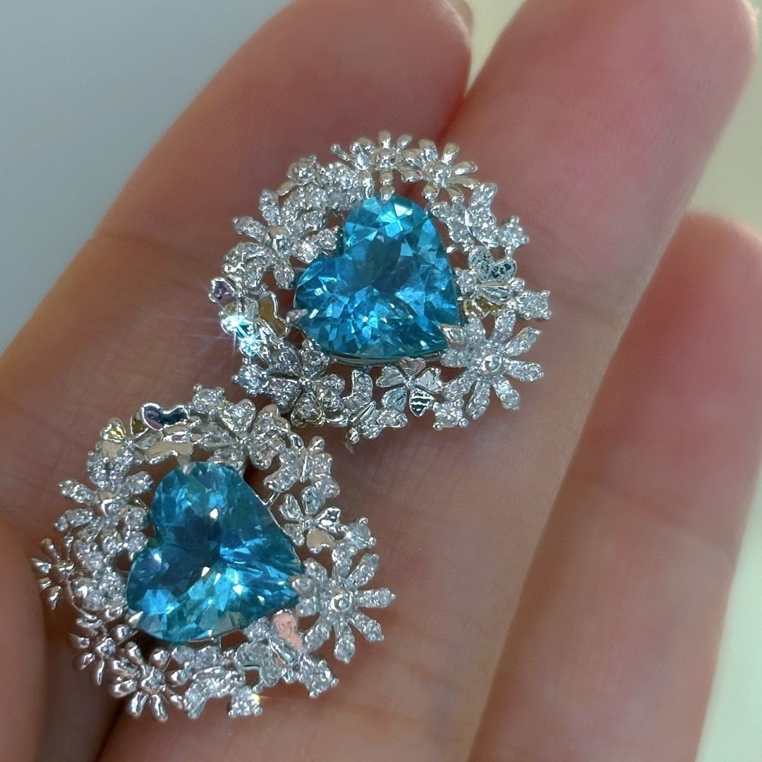 14k Gold 3.31 Ct Natural Aquamarine & Diamond Earrings - 6