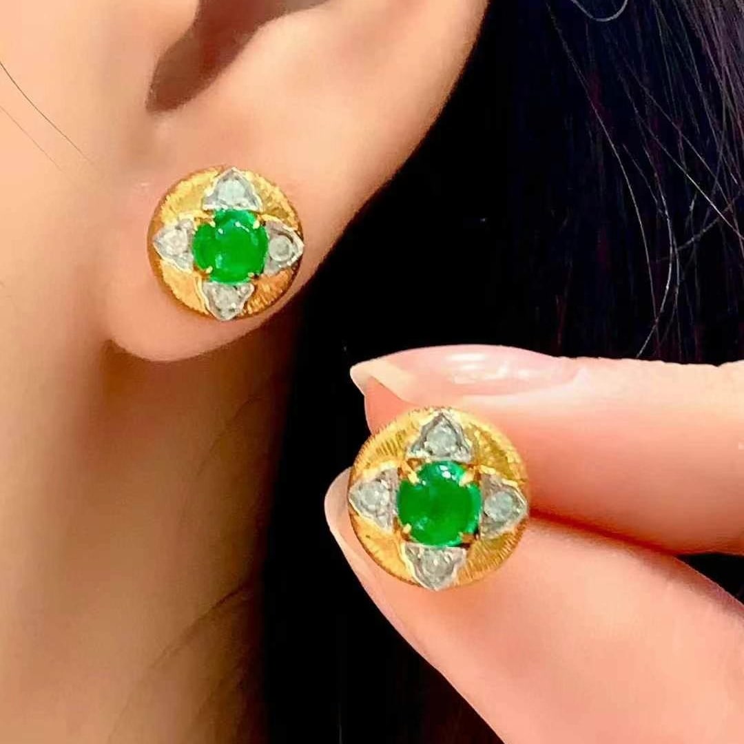 14k Gold 1.2 Ct Natural Emerald & Diamond Earrings - 2