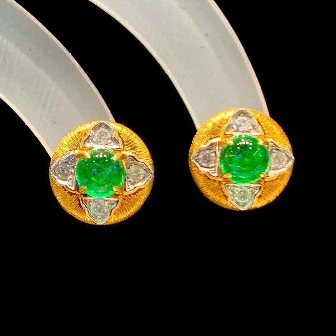 14k Gold 1.2 Ct Natural Emerald & Diamond Earrings - 5