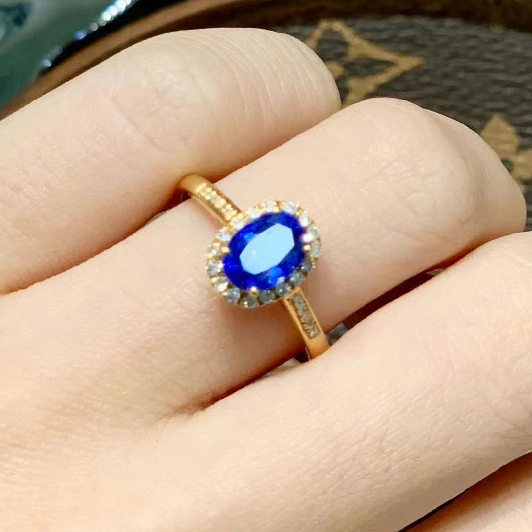 14k Gold 1.5 Ct Vivid Blue Natural Sapphire & Diamond Ring - 5