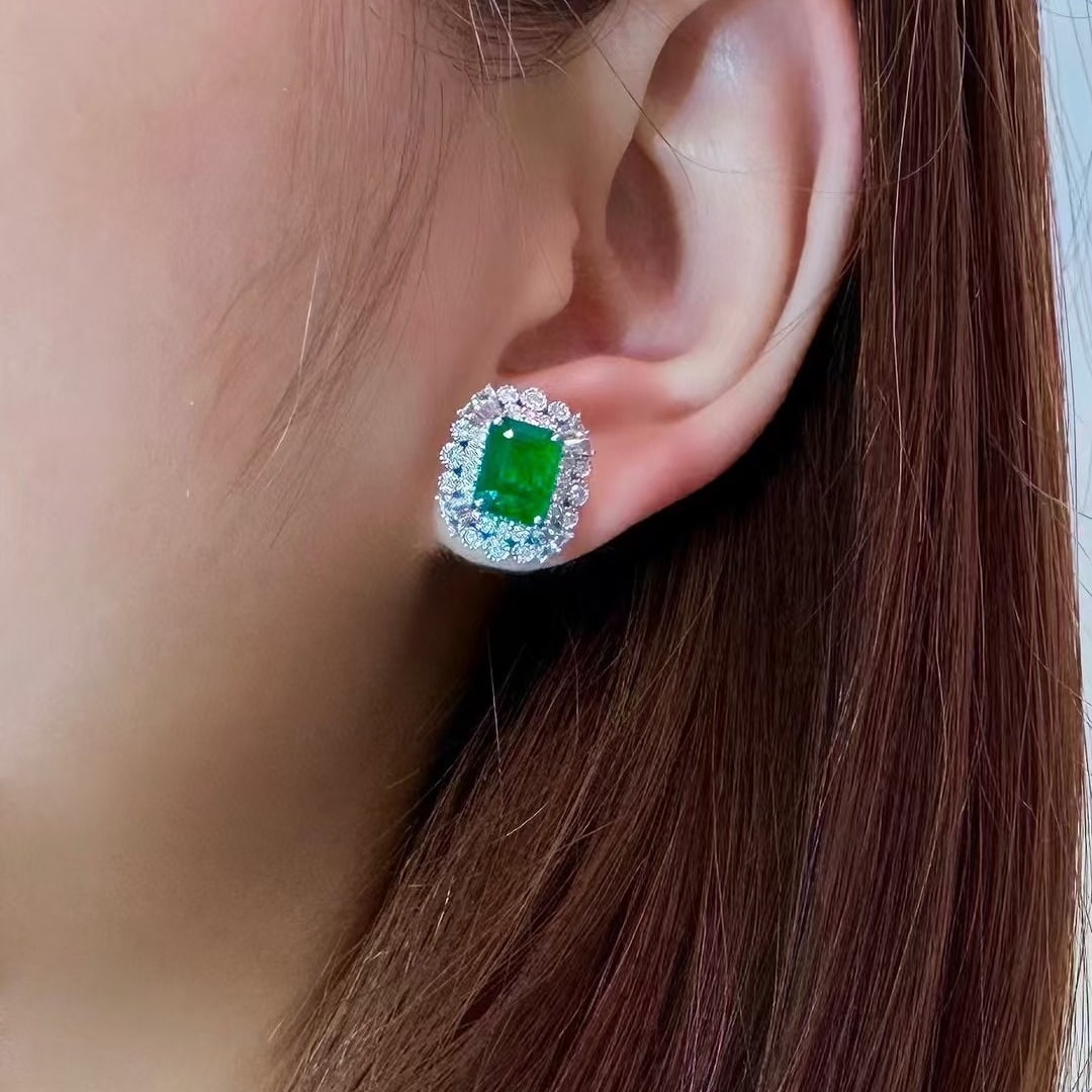 14k Gold 3.98 Ctw Natural Emerald & Diamond Earrings - 4