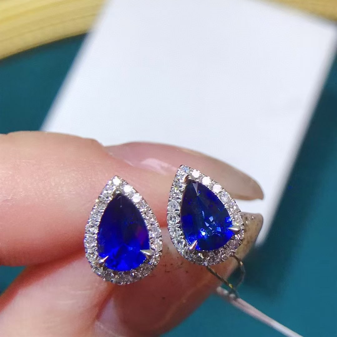 14k Gold 1.79 Ctw Vivid Blue Natural Sapphire & Diamond Earrings - 3