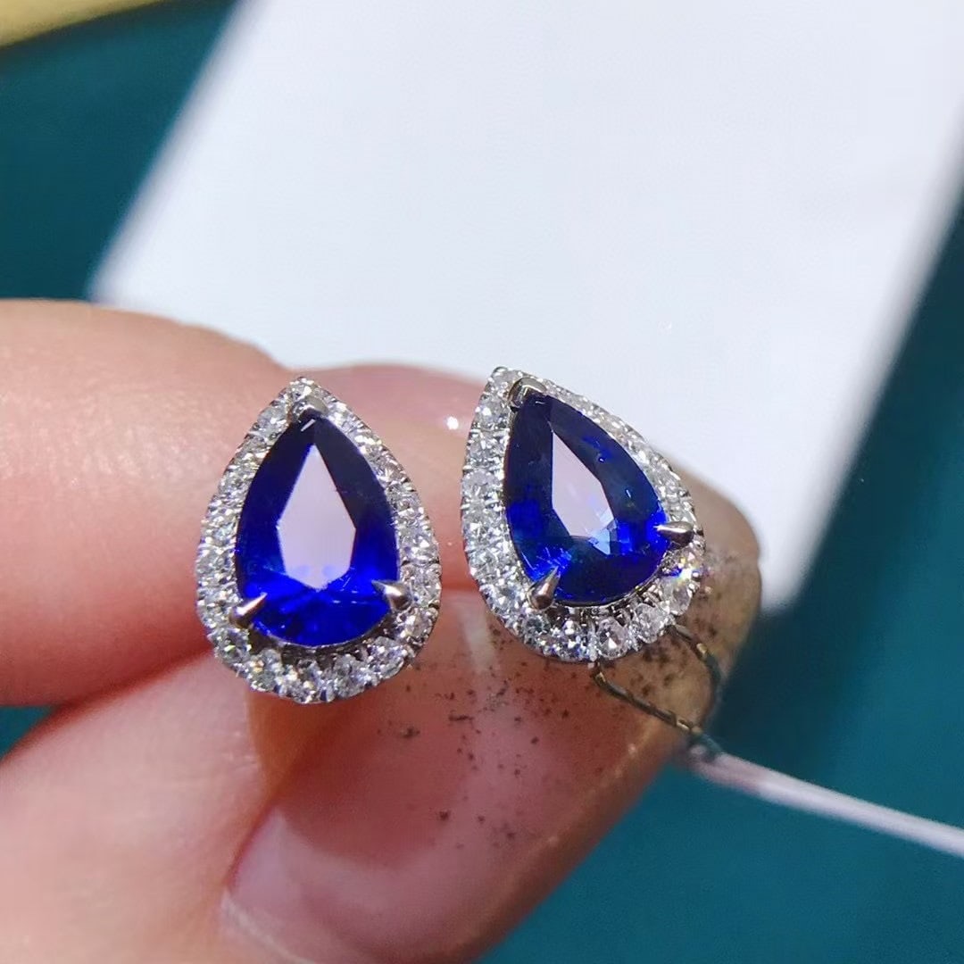 14k Gold 1.79 Ctw Vivid Blue Natural Sapphire & Diamond Earrings - 4