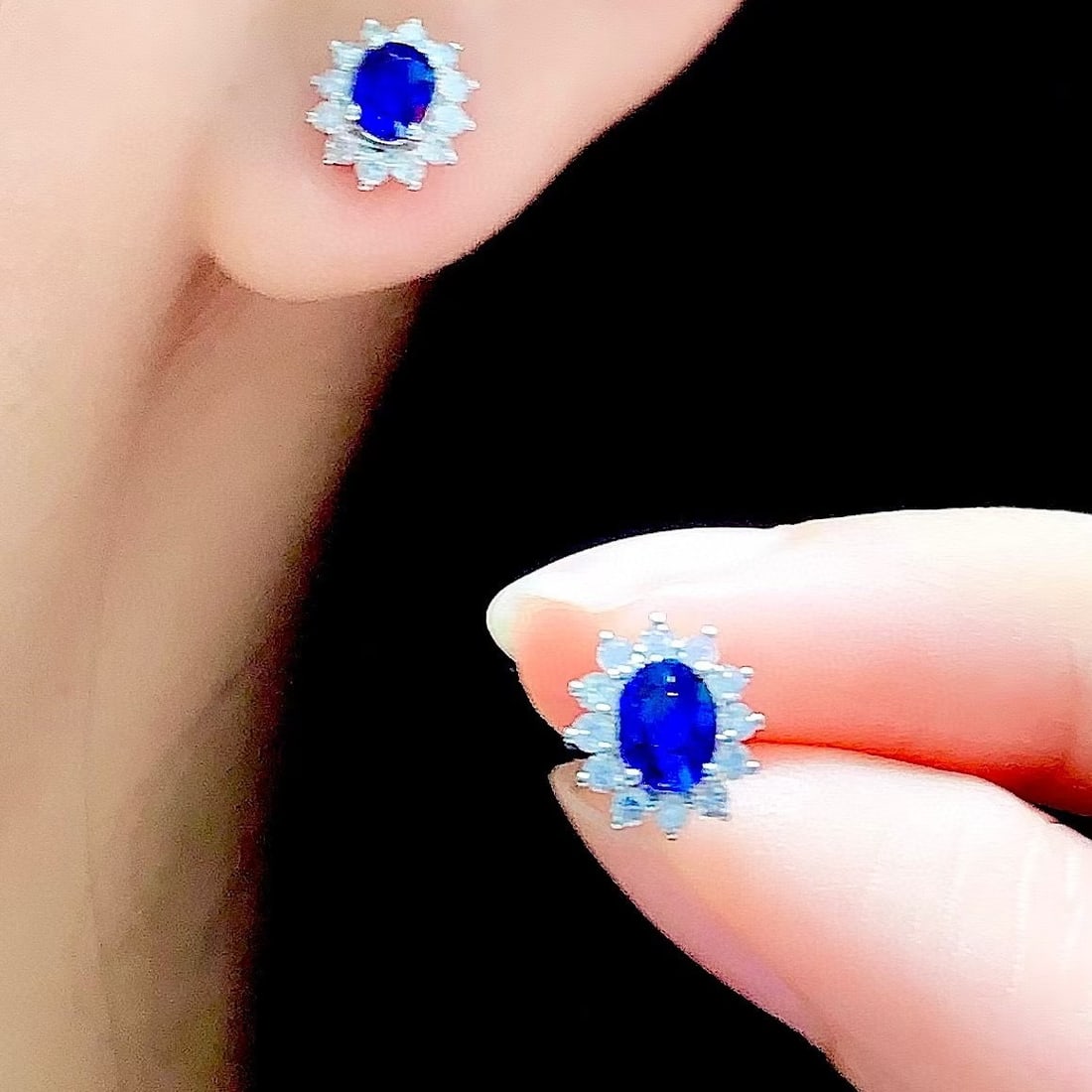 14k Gold 0.85 Ct Natural Sapphire & Diamond Earrings - 4