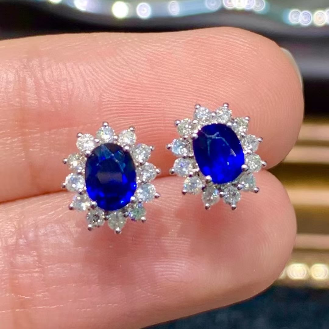 14k Gold 0.85 Ct Natural Sapphire & Diamond Earrings - 5
