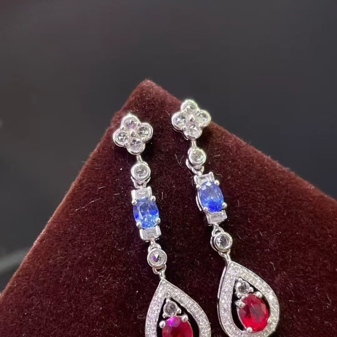 14k Gold 1.24 Ct Natural Ruby & Sapphire & Diamond & Sapphire Earrings (1 of 5)