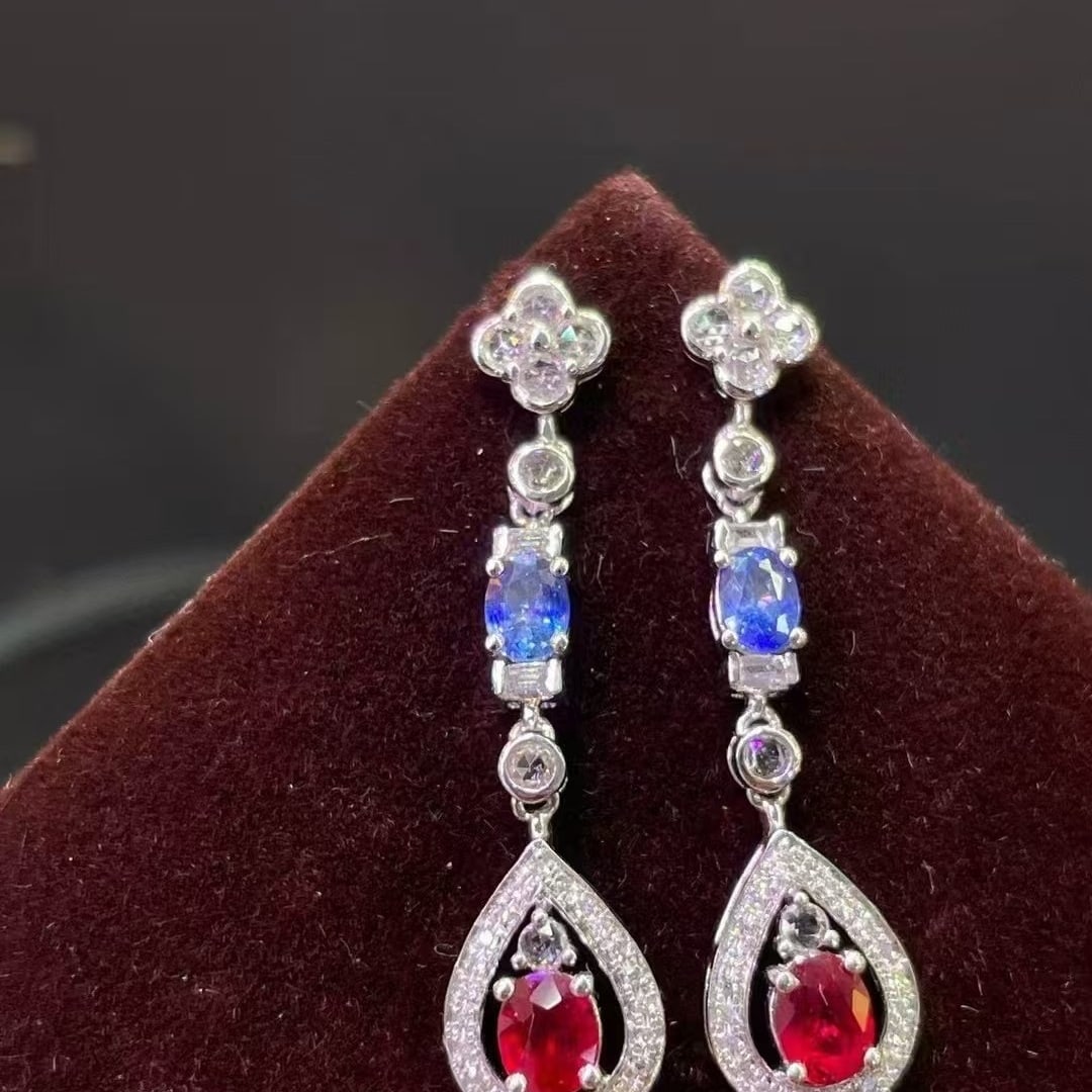 14k Gold 1.24 Ct Natural Ruby & Sapphire & Diamond & Sapphire Earrings - 4