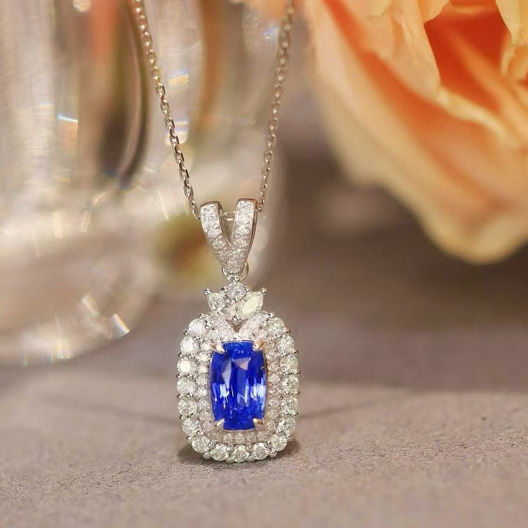 14k Gold 2.07 Ctw Natural Sapphire & Diamond Pendant( Without Chain ): Ref:230945213 // gold content:14k gold // main gemstone:sapphire // shape:cushion // carat weight:1. 59ct // color:cornflower blue // treatment:natural // // adjacent gemstone 2 : diamond //