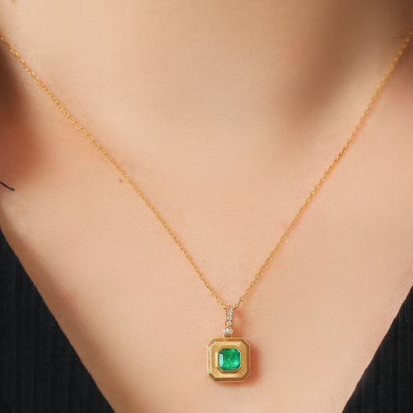 14k Gold 0.52 Ctw Vivid Green Natural Emerald & Diamond Pendant( Without Chain ) - 6