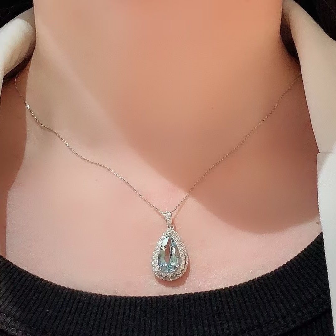 14k Gold 3.41 Ctw Natural Aquamarine & Diamond Pendant( Without Chain ) - 8