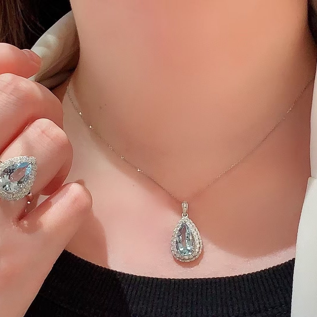 14k Gold 3.41 Ctw Natural Aquamarine & Diamond Pendant( Without Chain ) - 9