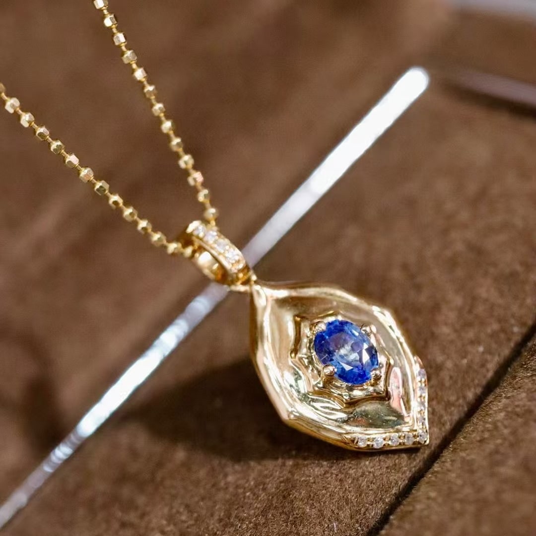 14k Gold 0.45 Ctw Natural Sapphire & Diamond Pendant( Without Chain ) - 2