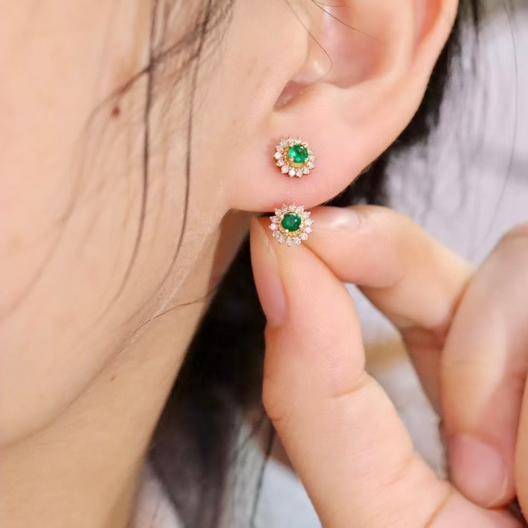 14k Gold 0.28 Ctw Natural Emerald & Diamond Earrings - 6