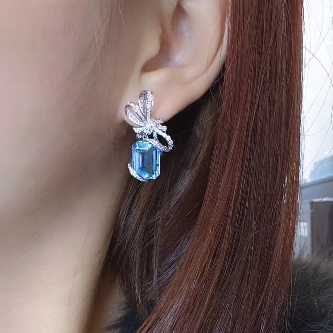 14k Gold 10.48 Ctw Natural Aquamarine & Diamond Earrings - 3