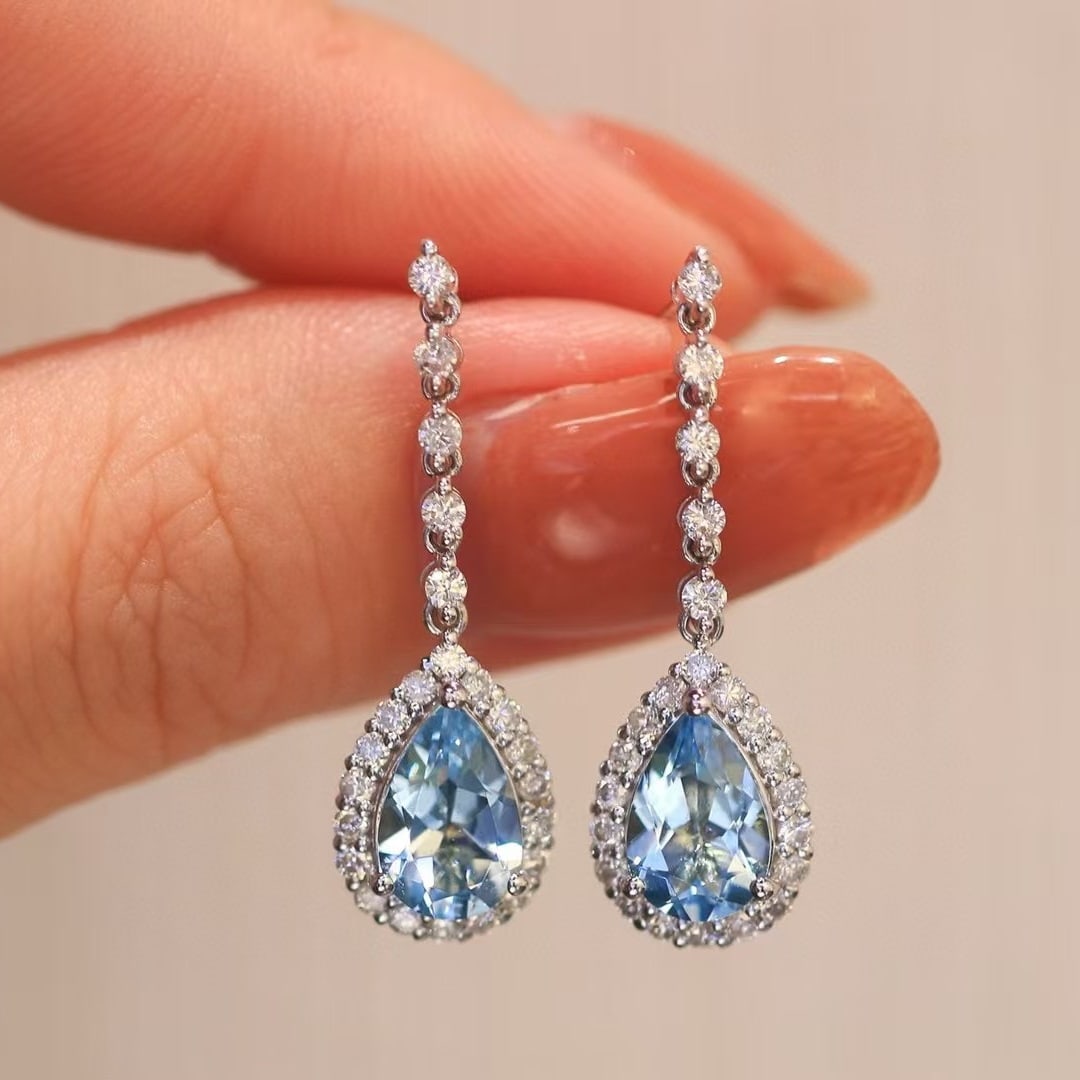 14k Gold 2.00 Ct Natural Aquamarine & Diamond Earrings - 2