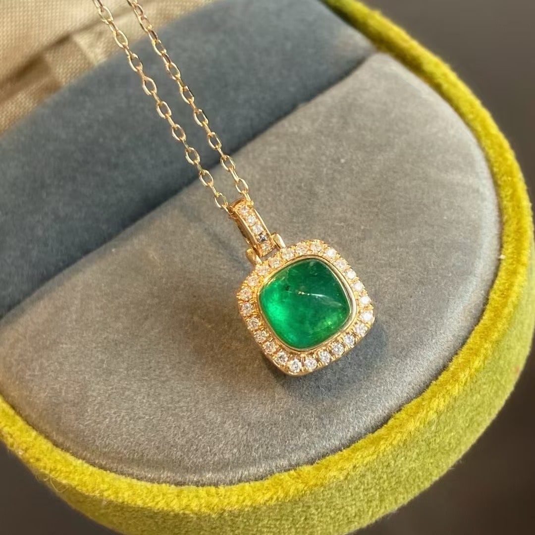 14k Gold 1.48 Ctw Natural Emerald & Diamond Pendant( Without Chain ): Ref:230945238 // gold content:14k gold // main gemstone:emerald // shape:suger-loaf // carat weight:1. 35ct // color:green // treatment:natural // // adjacent gemstone 2 : diamond // shape:round //