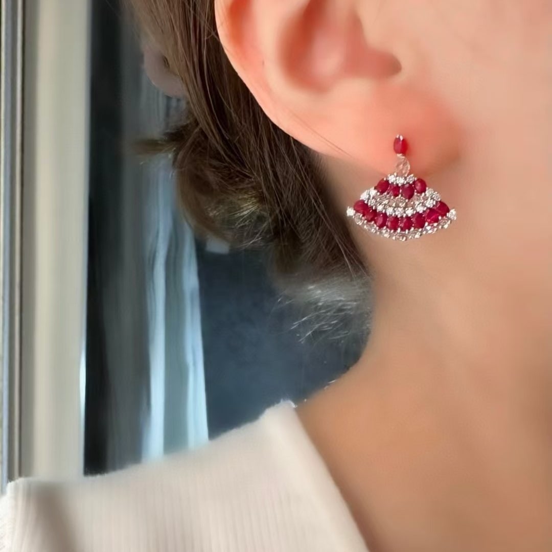 14k Gold 2 Ct Vivid Red Natural Ruby & Diamond Earrings - 3