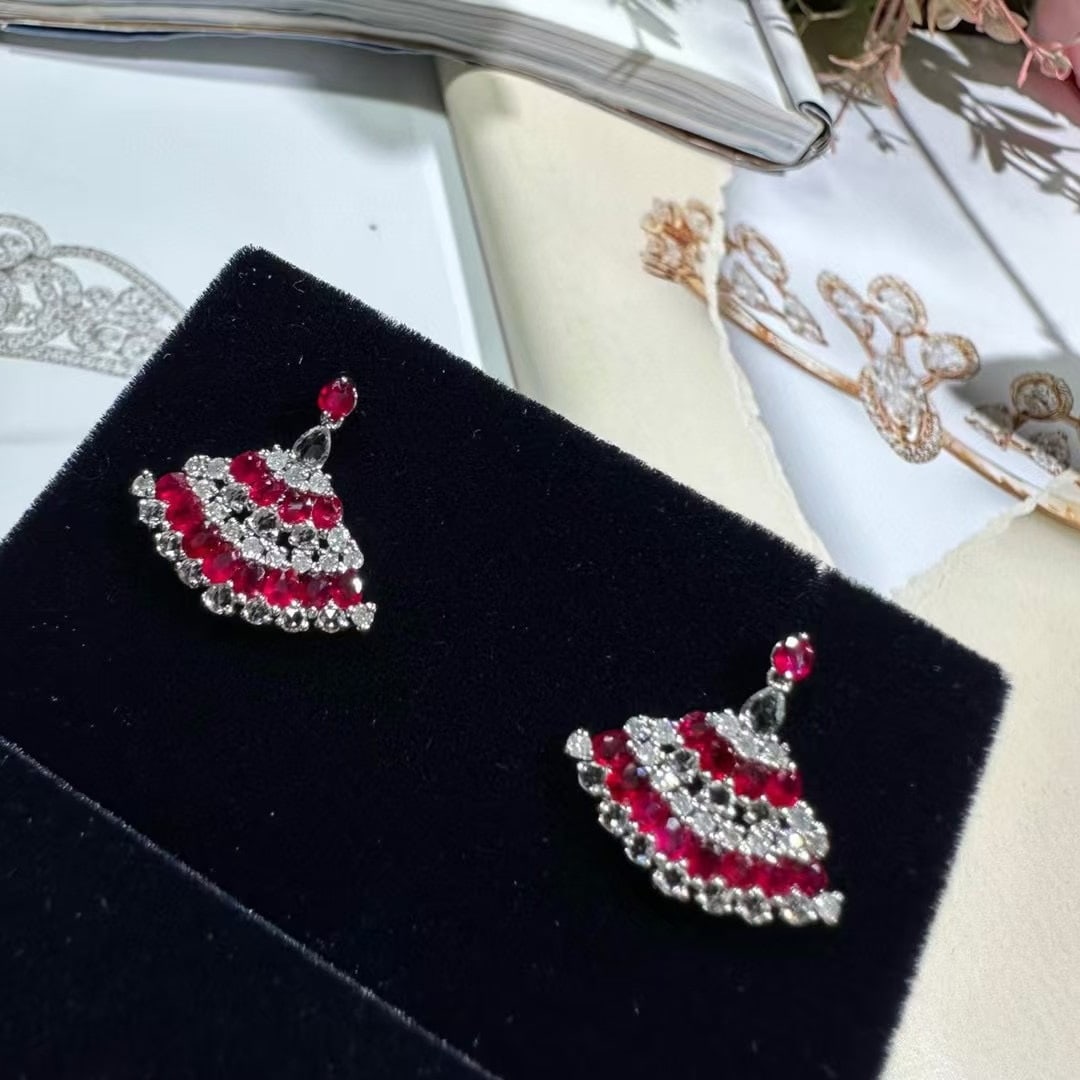 14k Gold 2 Ct Vivid Red Natural Ruby & Diamond Earrings - 4