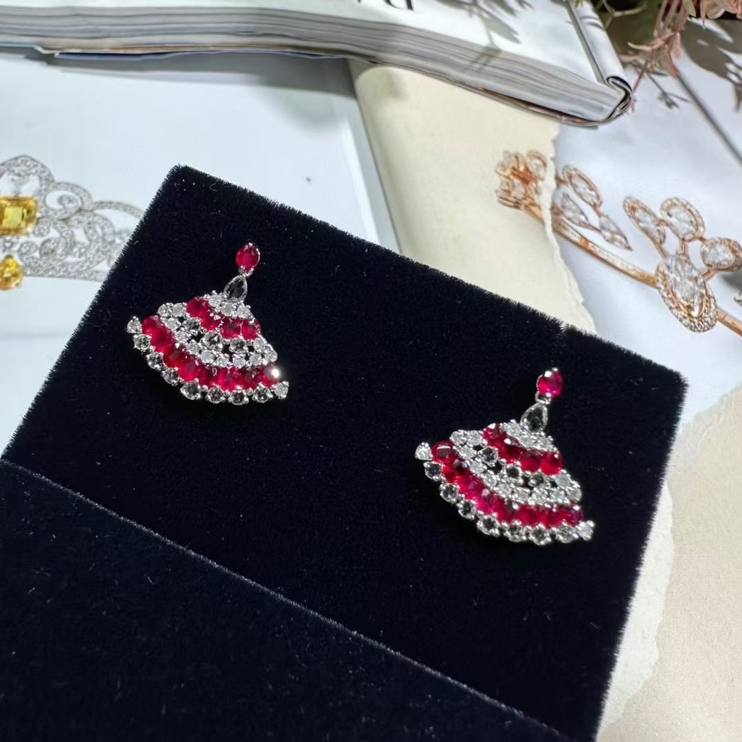 14k Gold 2 Ct Vivid Red Natural Ruby & Diamond Earrings - 5