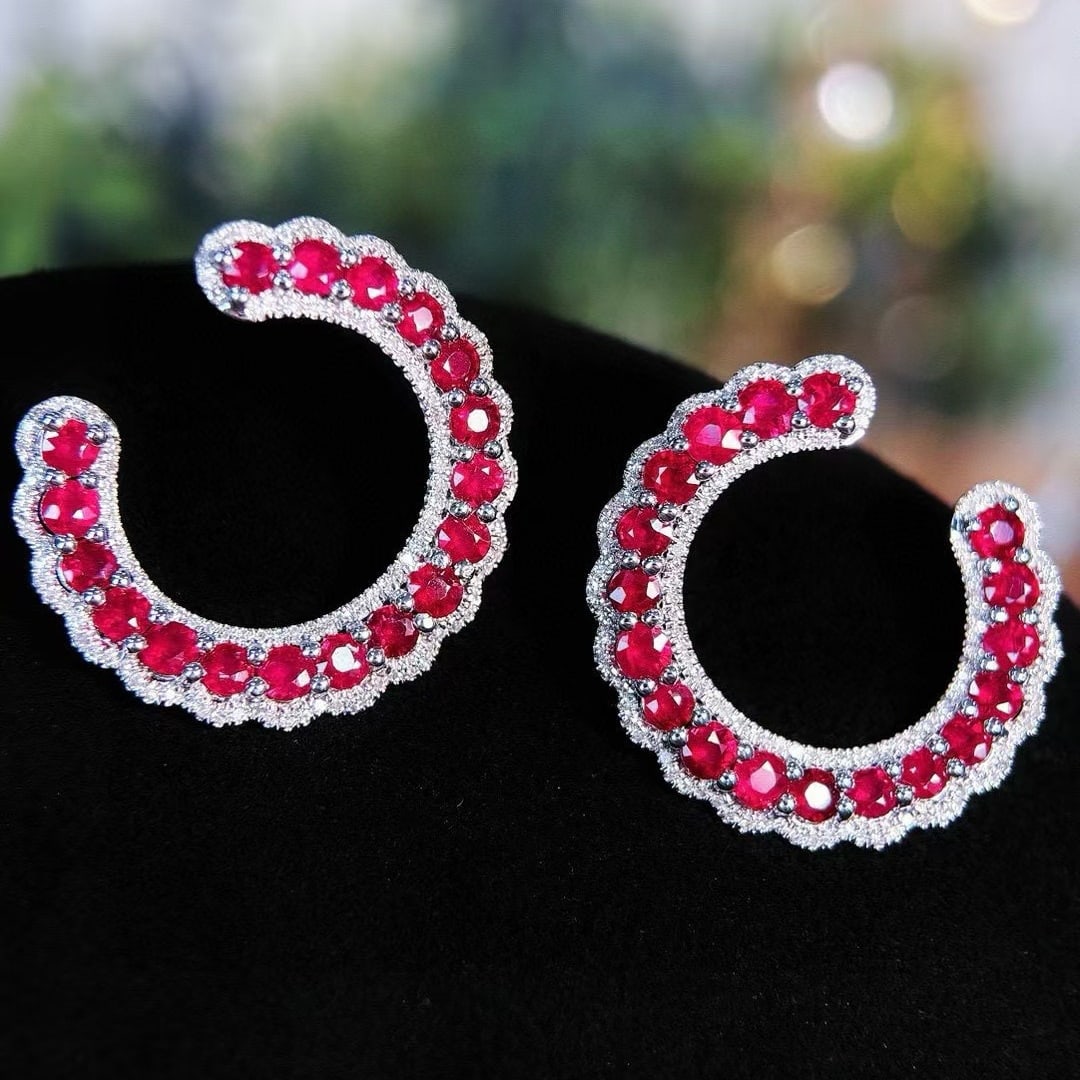 14k Gold 2.5 Ct Vivid Red Natural Ruby & Diamond Earrings - 2