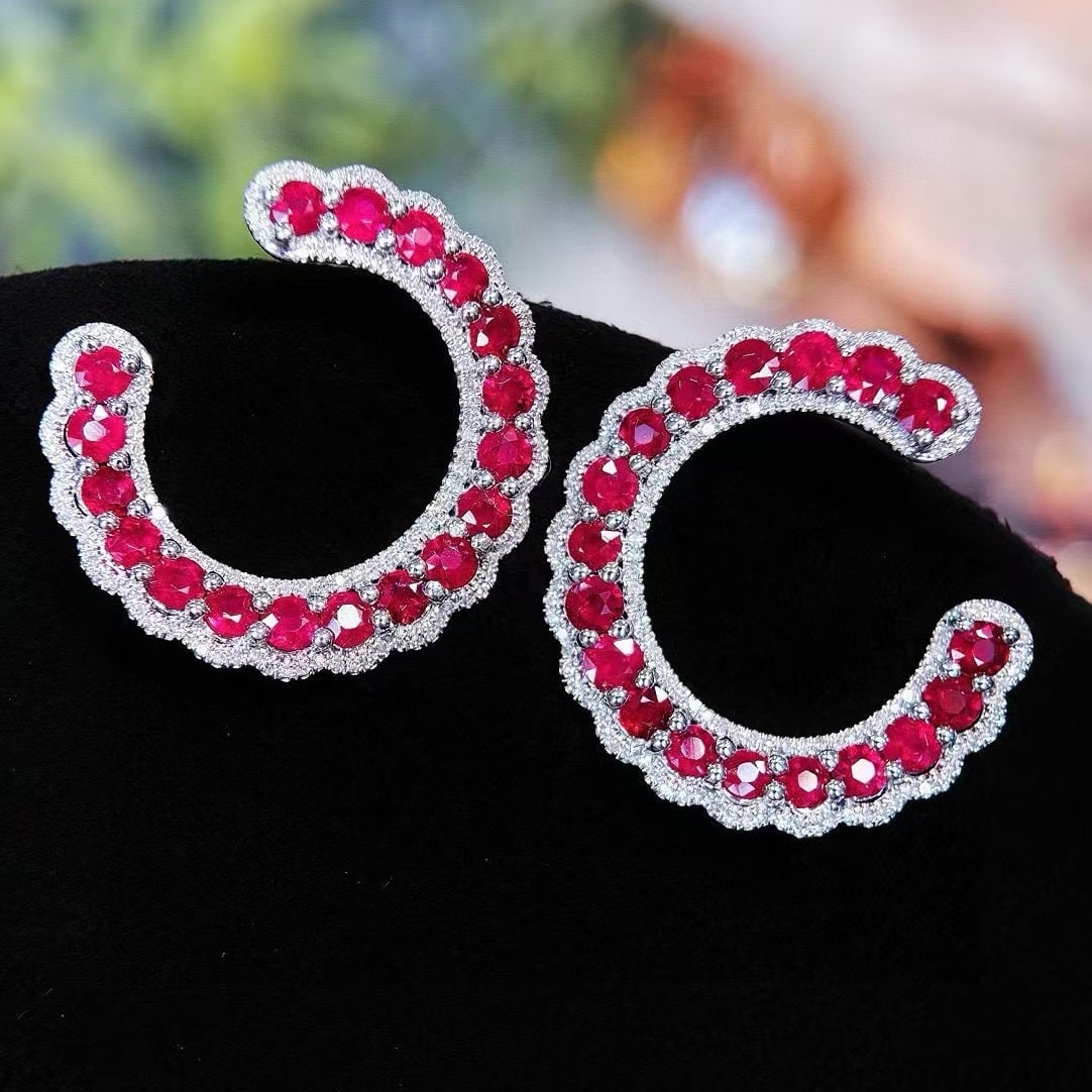 14k Gold 2.5 Ct Vivid Red Natural Ruby & Diamond Earrings - 6