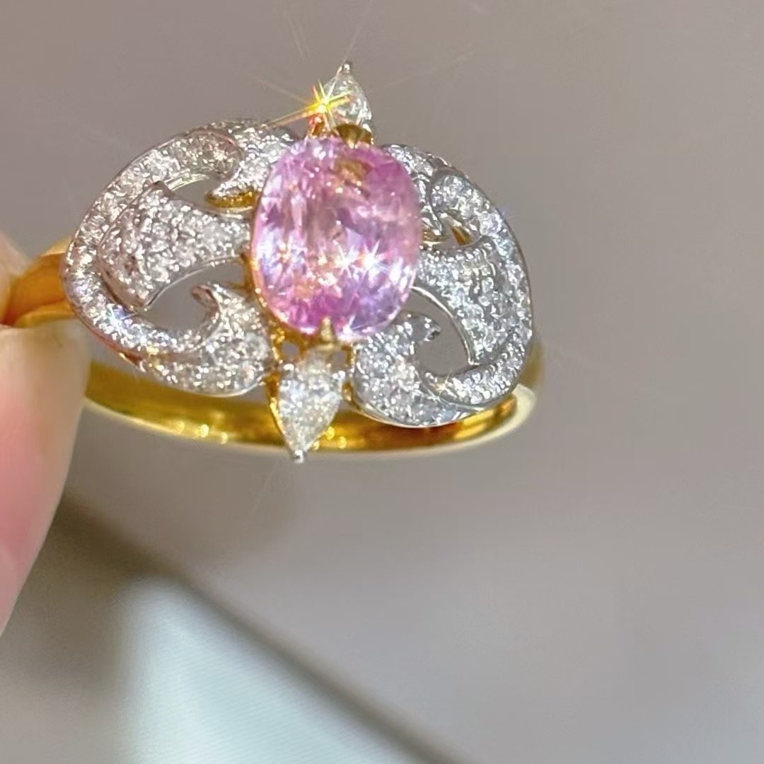 14k Gold 1.93 Ctw Natural Padparadscha Sapphire & Diamond Ring: Ref:230945254 // gold content:14k gold // ring size:7. 25us // // main gemstone:padparadscha sapphire // shape:oval // carat weight:1. 48ct // color:orangish pink // treatment:natural // // adjacent g