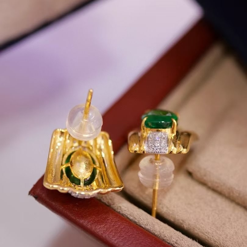 14k Gold 2.41 Ctw Vivid Green Natural Emerald & Diamond Earrings - 2