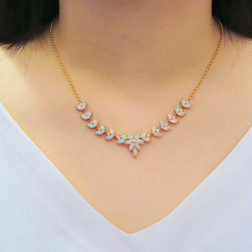 14k Gold 3.38 Ctw Natural Opal & Diamond Necklace - 3
