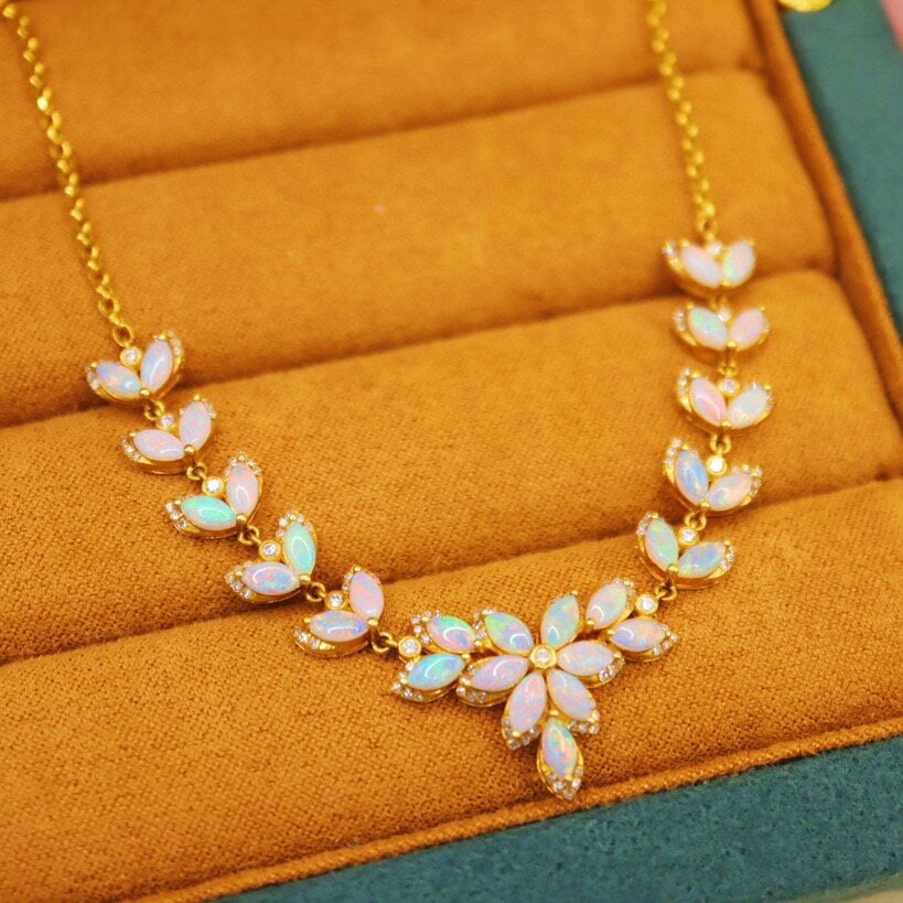 14k Gold 3.38 Ctw Natural Opal & Diamond Necklace - 4