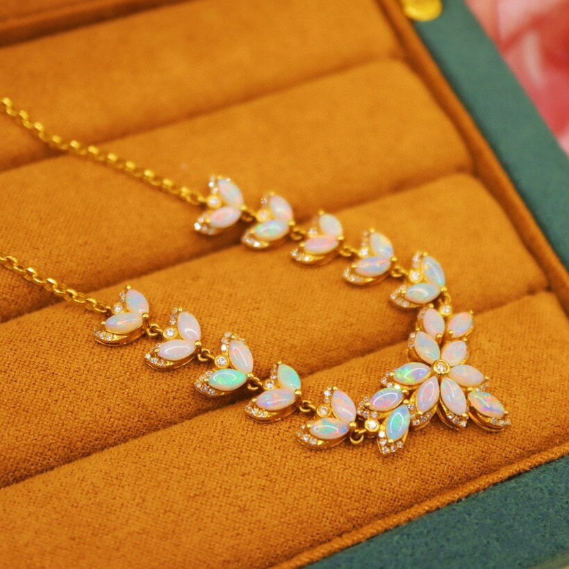 14k Gold 3.38 Ctw Natural Opal & Diamond Necklace - 5