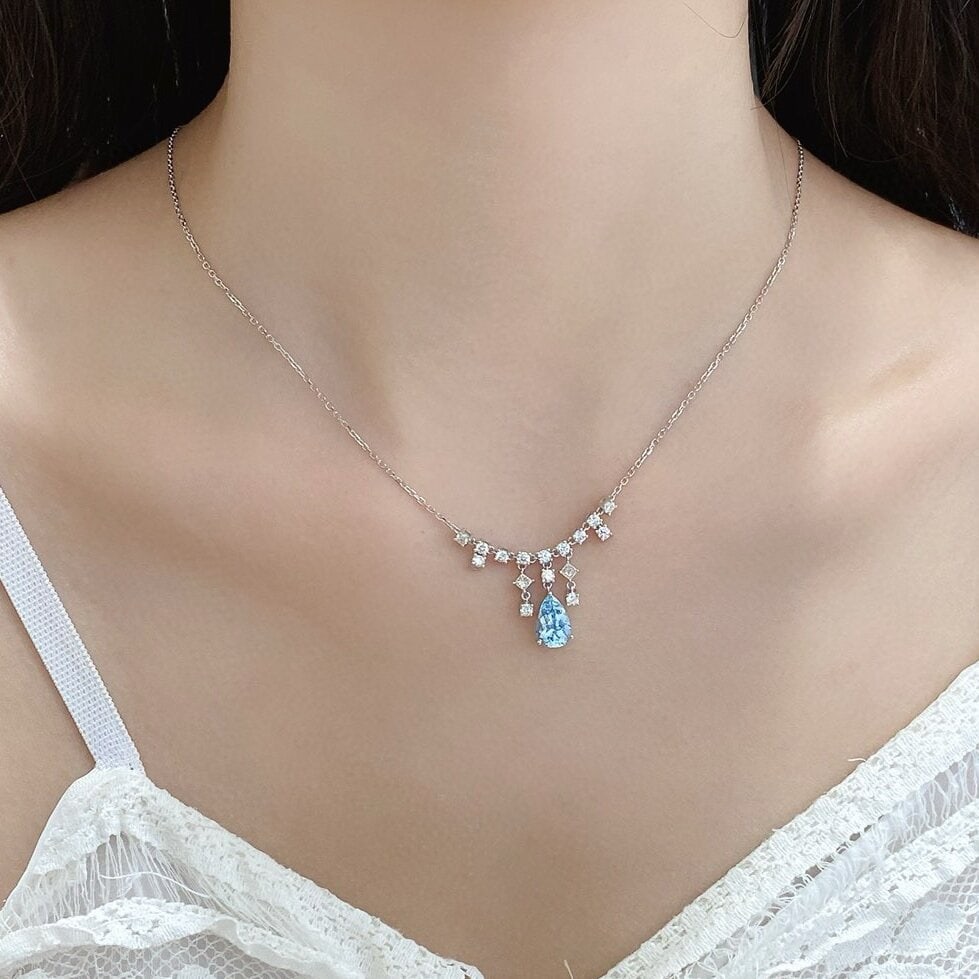 14k Gold 2.10 Ctw Natural Aquamarine & Diamond Necklace - 3