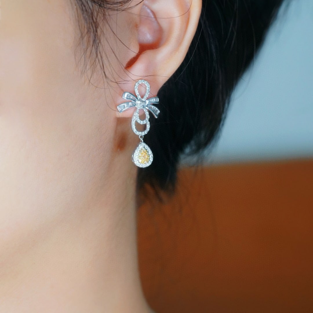 14k Gold 1.10 Ctw Natural Yellow Diamond & Diamond Earrings - 5