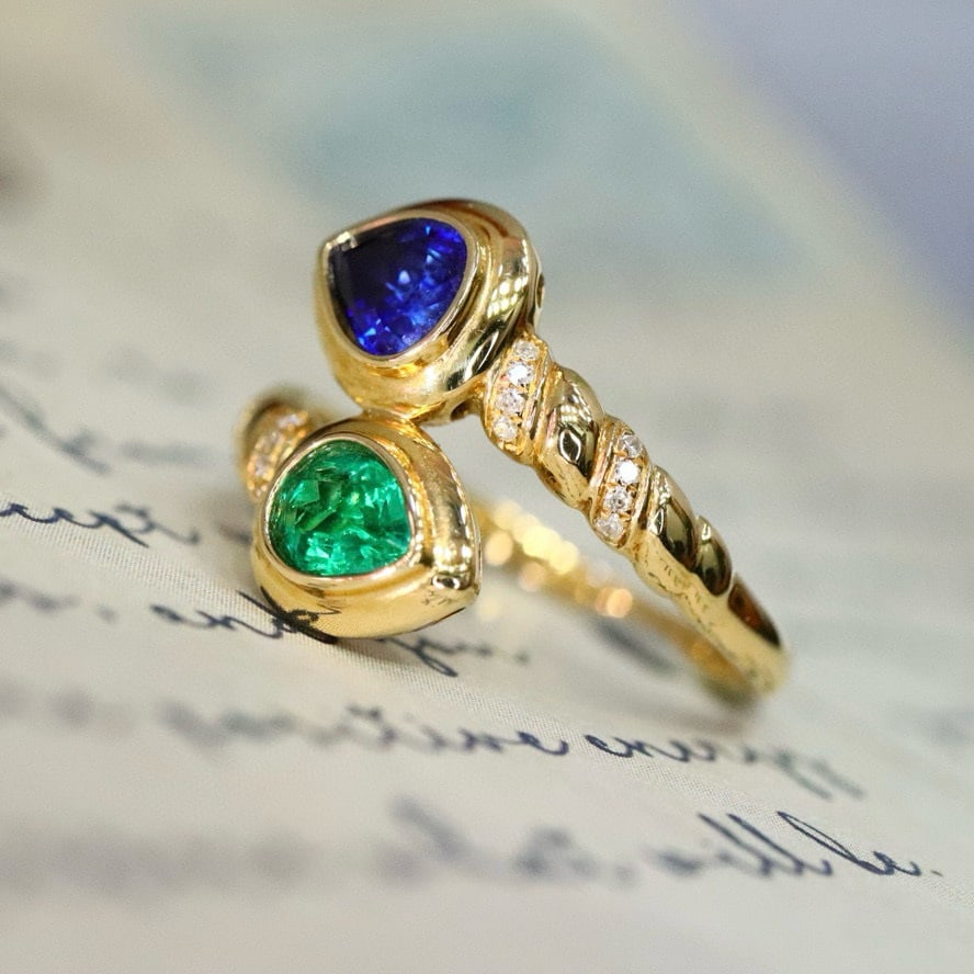 14k Gold 0.75 Ctw Natural Sapphire & Emerald & Toi Et Moi Ring - 5