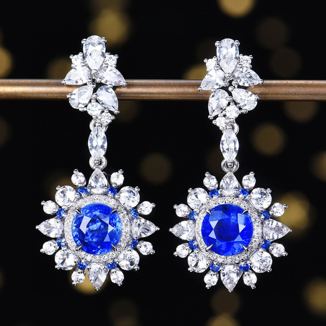 14k Gold 4.14 Ctw Natural Sapphire & Diamond Earrings: Ref:230946086 // gold content:14k gold // main gemstone:sapphire // shape:round // carat weight:4ct // color:cornflower blue // treatment:natural // cut grade:g // // adjacent gemstone 2 : diamond