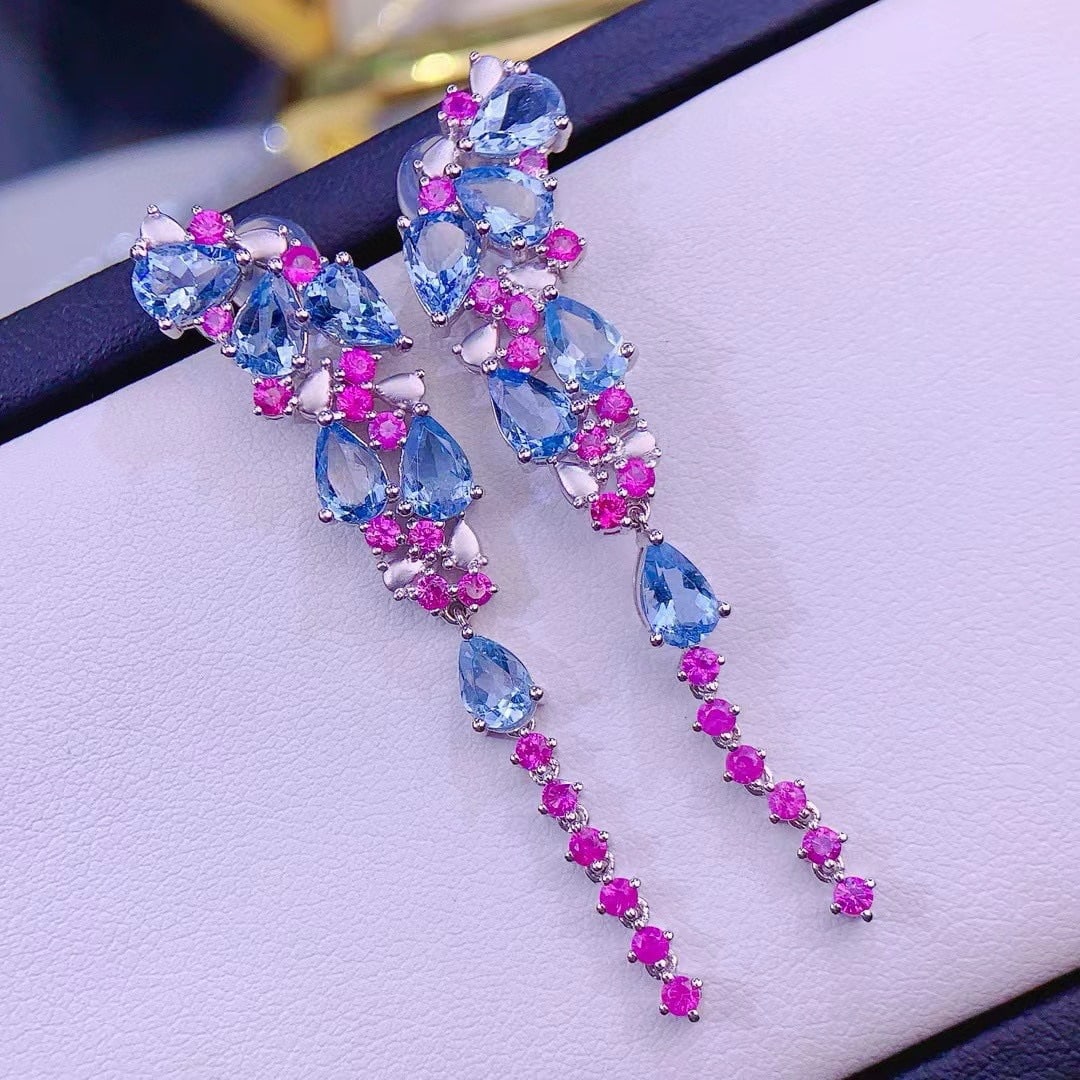 14k Gold 6.3 Ct Natural Aquamarine & Ruby Earrings - 3