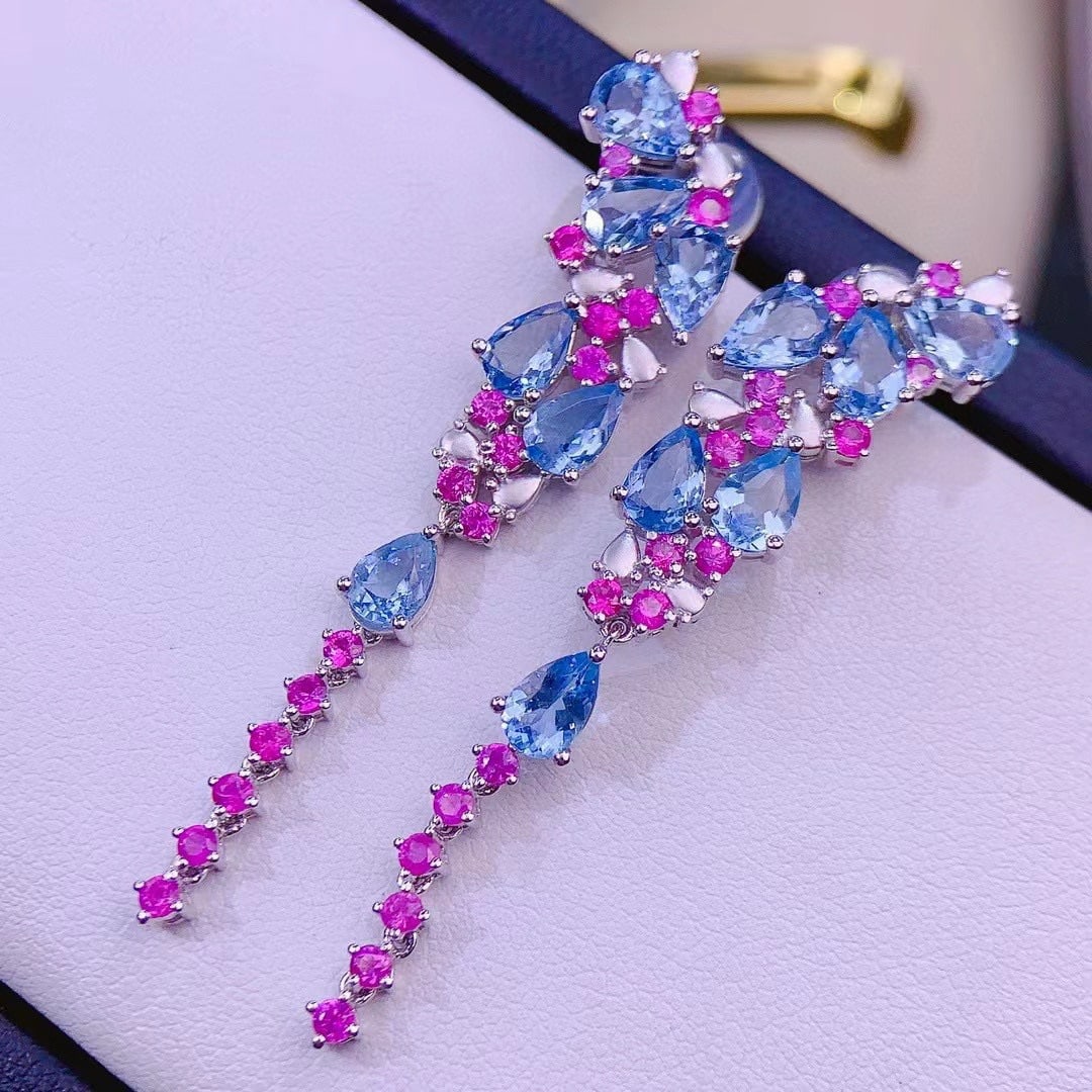 14k Gold 6.3 Ct Natural Aquamarine & Ruby Earrings - 5