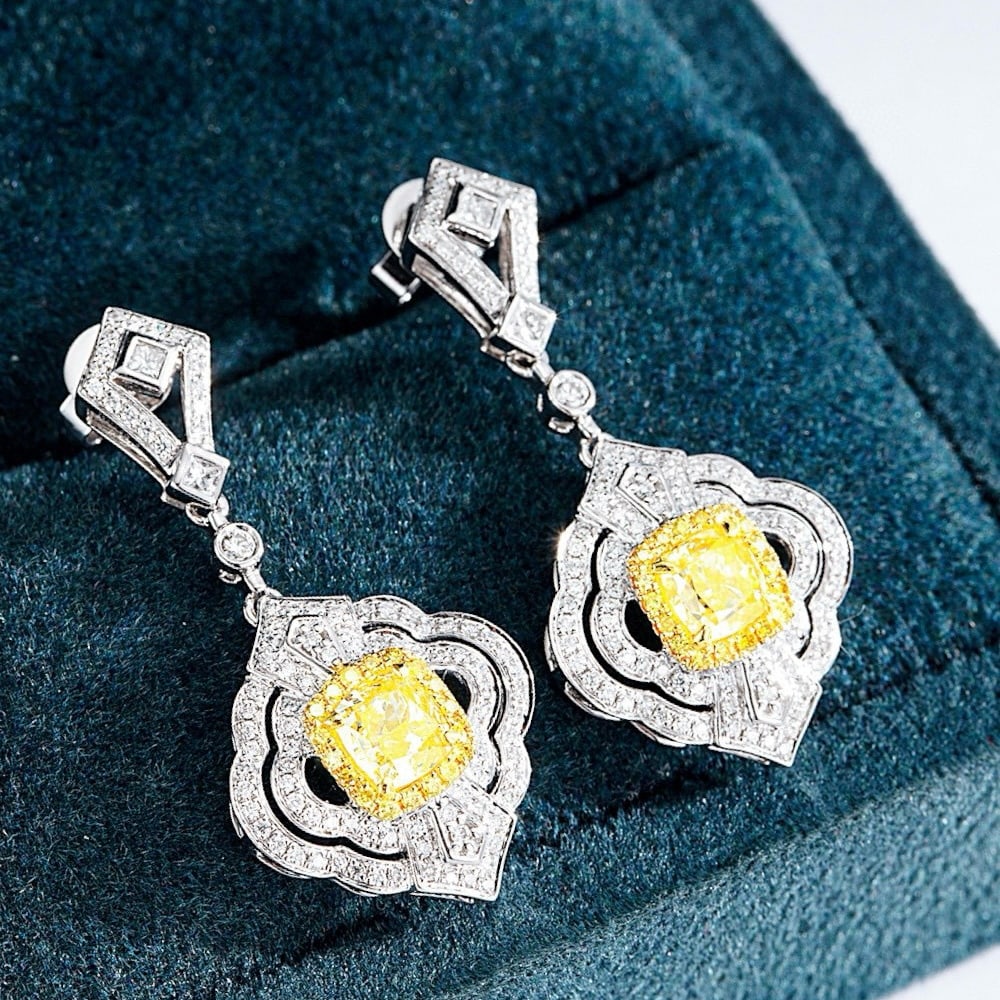 14k Gold 1.60 Ctw Natural Yellow Diamond & Diamond Earrings - 2