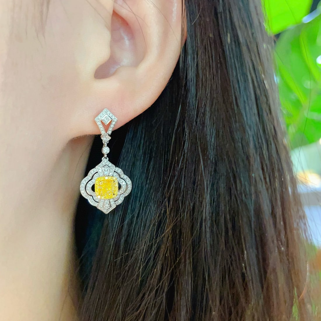 14k Gold 1.60 Ctw Natural Yellow Diamond & Diamond Earrings - 5