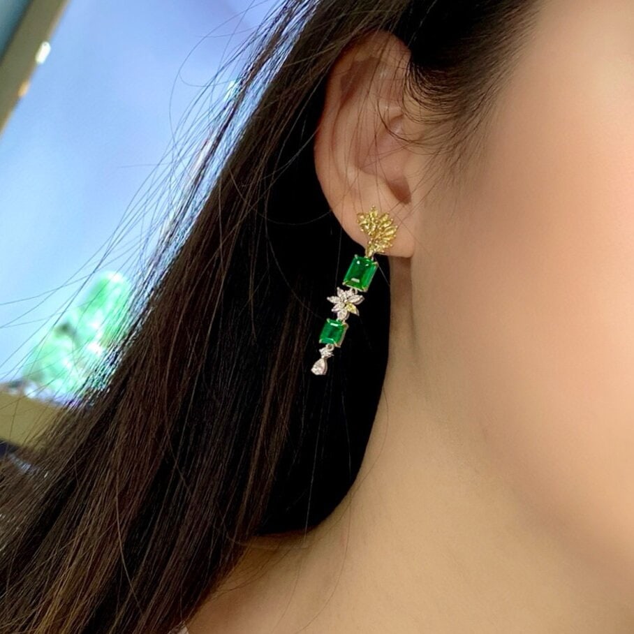 14k Gold 3.63 Ctw Vivid Green Natural Emerald & Sapphire Earrings - 6