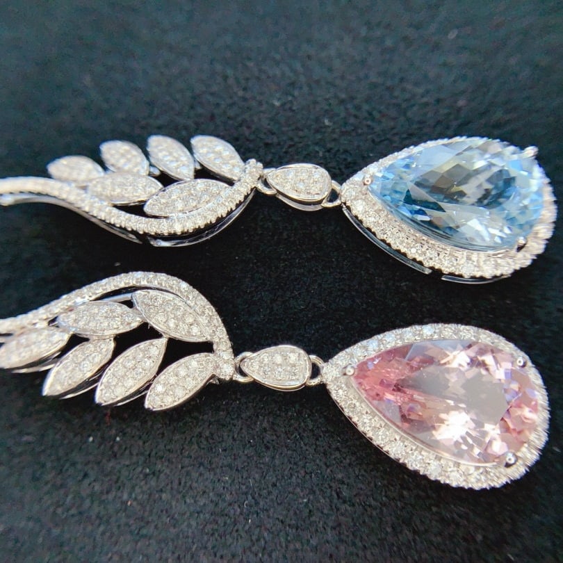 14k Gold 6.62 Ctw Natural Aquamarine & Morganite & Diamond Earrings - 4