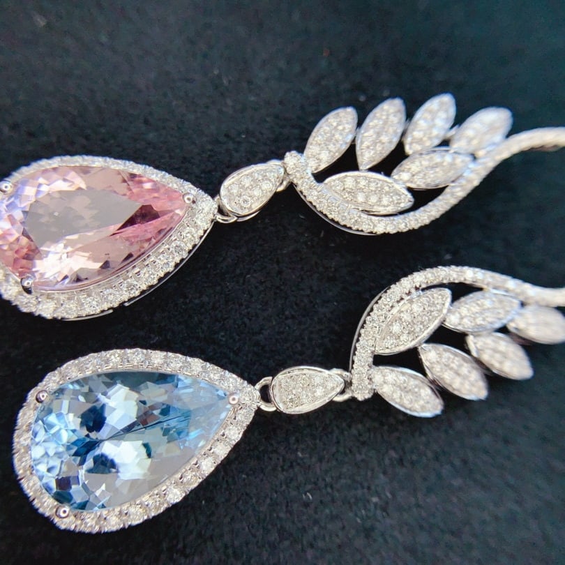 14k Gold 6.62 Ctw Natural Aquamarine & Morganite & Diamond Earrings - 5