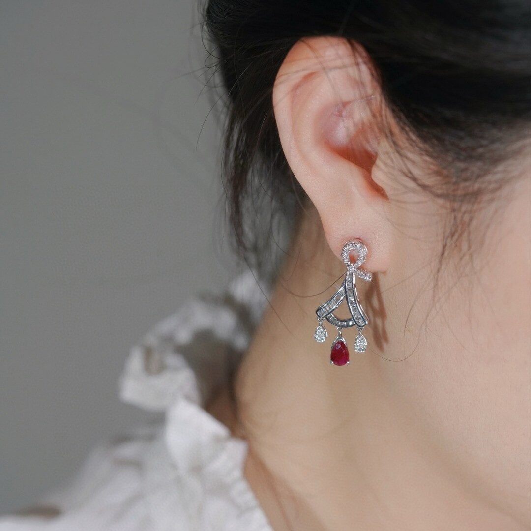 14k Gold 1.60 Ctw Vivid Red Natural Ruby & Diamond Earrings - 4